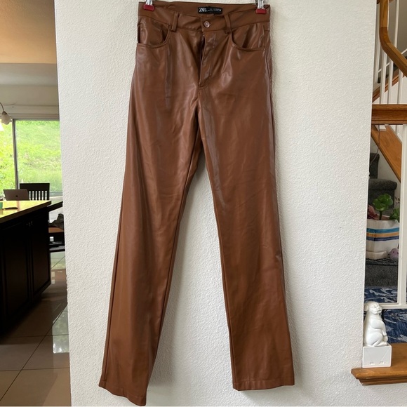 Zara camel brown vegan leather high waisted pants - Picture 1 of 10